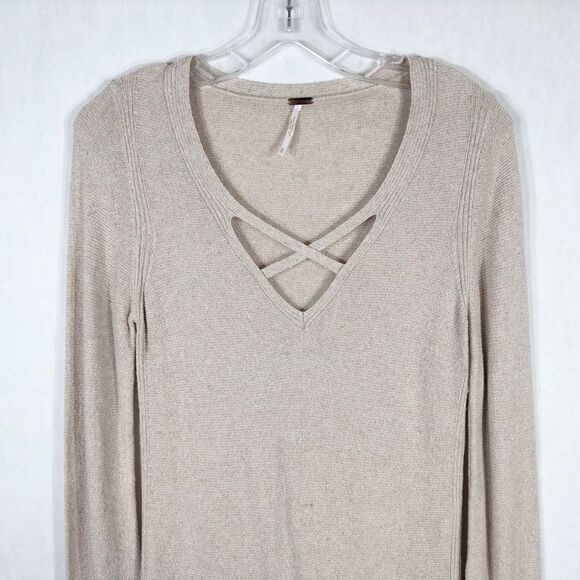 Free People XS Tunic Sweater Top‎ Tan Strappy V Neck Side Slits Knit Solid 115 - Picture 3 of 8